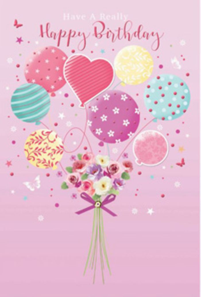 A softly celebratory birthday scene is painted across a blush-toned canvas, evoking the calm of an early stroll through Tulse Hill before the streets fully wake. At the centre of the design, a cluster of pastel balloons rises gracefully, carrying with them the feeling of a wish just spoken. Each balloon has its own character: some are washed in pale sunshine yellow and sea-glass green with ribbon-like stripes that spiral upwards, others are dusted in rosy pink with scattered polka dots that almost shimmer, while lavender balloons carry gentle swirls and floral-inspired patterns. Cradled at the base of this airy bouquet is a small hand-tied arrangement of flowers, appearing freshly gathered from a local florist on Norwood Road. Petite roses and daisy-like blooms in cream, blush, and soft fuchsia nestle together, their velvet petals shaded delicately from light to deeper tones, as though touched by morning light spilling through a shop window. A neat purple satin bow cinches the stems, its sheen catching subtle highlights much like the balloons' glossy surfaces. Around the florals, tiny stars and whimsical butterfly shapes seem to flutter, adding a dreamy, almost fairy-tale quality that would suit a special birthday celebration in a cosy Tulse Hill home or garden. The whole composition balances playfulness with refinement, suggesting not just a greeting, but a carefully considered gesture of affection. It feels like a promise of shared cake, laughter, and a moment of feeling truly cherished, translated into pastel colour, delicate texture, and thoughtful floral artistry.