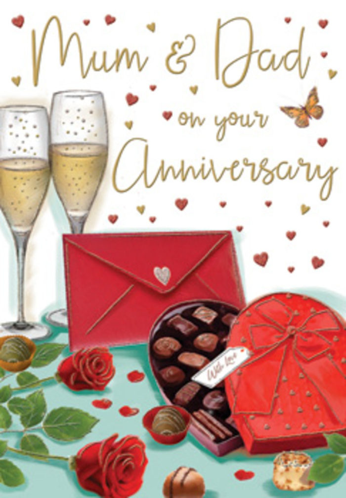 Luxurious anniversary card illustration that looks like a carefully styled celebration table in a Tulse Hill home, captured at the perfect moment before the toast. Two tall champagne flutes stand close together at the centre, their clear glass filled with pale, golden fizz, delicate bubbles rising as if frozen mid-dance. Just in front, a heart-shaped box of chocolates, wrapped in rich red and finished with an elegant bow, lies temptingly open to reveal perfectly arranged truffles, their smooth surfaces catching the soft light. Resting beside this scene are two deep red roses, their velvety petals unfurling in plush layers, accompanied by fresh green leaves that add a natural contrast to the opulent reds and golds. Tiny scattered chocolates hint at eager hands and shared treats, while miniature gold and crimson hearts drift around the edges of the composition, creating a halo of romance. A bold scarlet envelope, sealed and slightly tilted, draws the eye and suggests a heartfelt note inside, perhaps recalling years of family life across Tulse Hill, evenings by Brockwell Park, or anniversaries celebrated quietly at home. The background is softly illuminated, giving the impression of warm lamplight reflecting off glass and ribbon, wrapping everything in an inviting glow. The card is addressed lovingly to "Mum & Dad," turning the table into a tribute to their journey together. As someone who arranges anniversary bouquets for local couples, I recognise the same mood that fills a room when fresh roses, sweet chocolate, and a thoughtful card arrive together-a gentle reminder that love, like good champagne, only grows more precious over time.