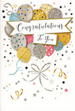 This image captures an elegant congratulations card that feels like a snapshot of a party above the rooftops of Tulse Hill. In the centre, a bouquet of illustrated balloons gently rises, overlapping in a soft, cloud-like cluster. Each balloon has its own personality: some gleam in metallic gold, others glow in champagne and silver tones, while accents of sky blue, blush pink, and soft grey add freshness and charm. Fine details-glittering stripes, tiny stars, and delicate speckles-give the balloons a sense of movement, as if they're catching flickers of light like reflections from evening windows along Norwood Road. The curling balloon strings, drawn in slender lines of gold and silver, gather together in a tiny, sparkling knot at the base, mirroring the careful way a florist ties a ribbon around a bouquet. Floating across the middle is a gently arched banner, bearing the message "Congratulations To You" in graceful, looping calligraphy that feels both warm and formal. Surrounding this central scene, playful stars, dots, and curling ribbons scatter over a pale, uncluttered background, evoking the carefree feeling of confetti drifting after a toast. There is an impression of layered texture-raised glitter, smooth card, and glossy ink-that makes the card seem tactile even in a photograph. The mood is light, optimistic, and genuinely celebratory, perfect to accompany flowers for exam success, a new role in central London, or any personal achievement being toasted in Tulse Hill's homes and local venues.