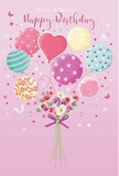 On a gentle pink background that feels as comforting as a quiet afternoon in Tulse Hill, this birthday illustration captures a whimsical bouquet of balloons and flowers lifting the mood skyward. A loose cluster of pastel balloons floats above, each one unique yet harmoniously matched in tone: soft teal, dusted rose, lemon cream, and whispery lavender. Some are wrapped in candy-striped ribbons that curve playfully, others are dotted with joyful polka spots, while a central heart-shaped balloon glows with affection, echoing the sentiment of a heartfelt birthday wish. Below this airy parade, a small bouquet of garden-inspired flowers forms the anchor of the design. Delicate roses and anemone-like blooms in ivory, blush pink, and gentle mauve gather tightly, their petals appearing soft and slightly ruffled, as if freshly arranged by a local florist just off Norwood Road. A violet satin bow ties the stems together, the ribbon's smooth sheen highlighted by soft, diffused light that also glances off the balloons' rounded surfaces. There's an imagined sweetness in the air, the kind of fragrance you might catch when passing a flower shop near Brockwell Park on a breezy day. Tiny stars and subtle butterfly silhouettes dance around the bouquet and balloons, adding a touch of storybook charm. The entire composition feels airy, bright, and lovingly crafted, perfectly suited to mark a birthday filled with gentle joy, shared memories, and the sense that someone in Tulse Hill has carefully chosen something beautiful to say, "You matter so much today."
